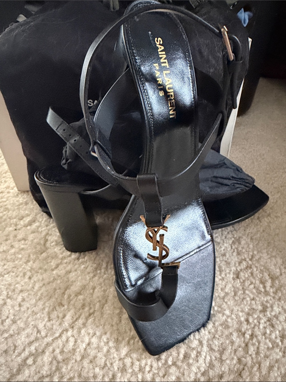 Saint Laurent Black Leather YSL Logo Block Heel Sandals with Gold Accent